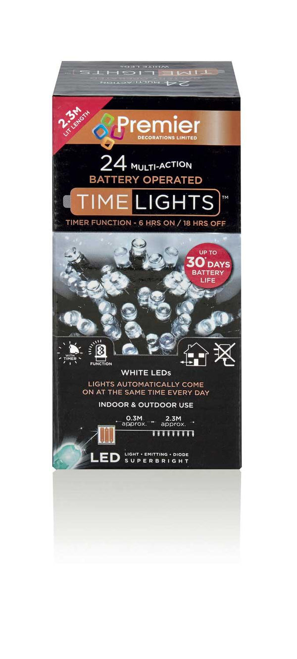 24 Multi Action Battery Bright White LED Christmas Lights - 2.3 Metre - Towsure