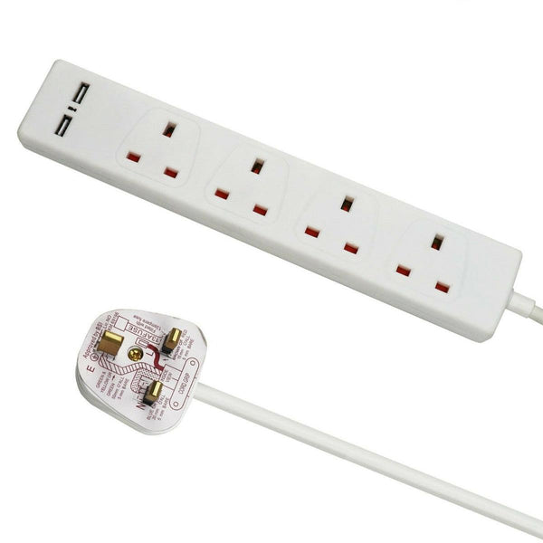 Kingavon 4-Way Mains Extension Lead 2 Metre with 2 x USB Ports - Towsure