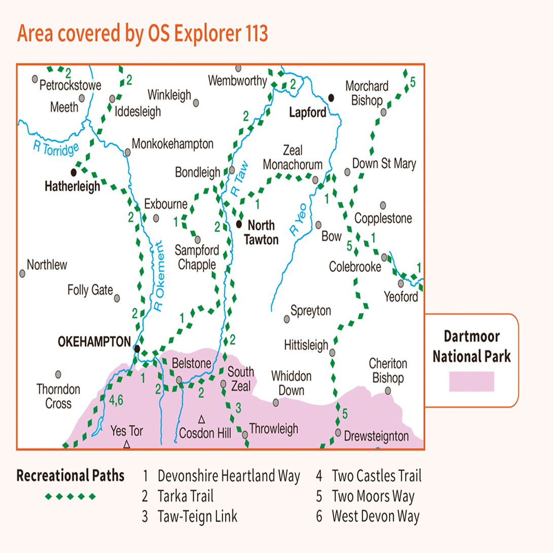 OS Explorer Map 113 - Okehampton Hatherleigh North Tawton & Lapford - Towsure