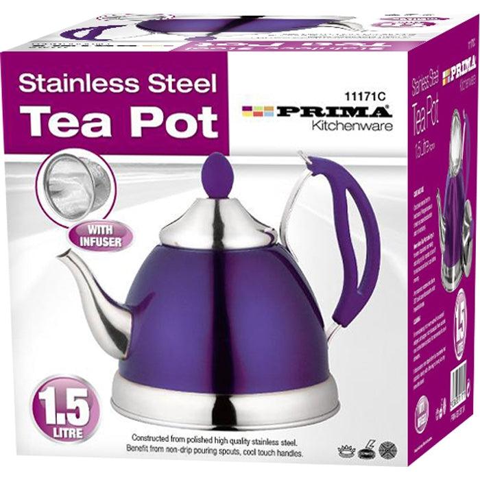 Prima Purple Stainless Steel Tea Pot - 1.5 litre - Towsure