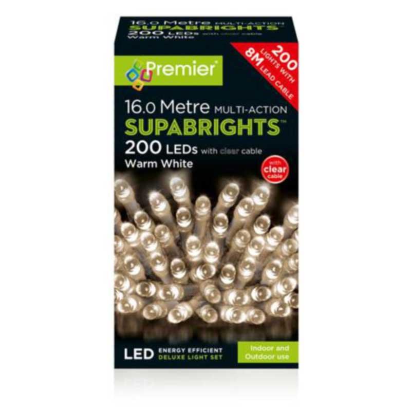 200 LEDs Multi-Action Supabrights Christmas Lights 16 Metres - Warm White - Towsure