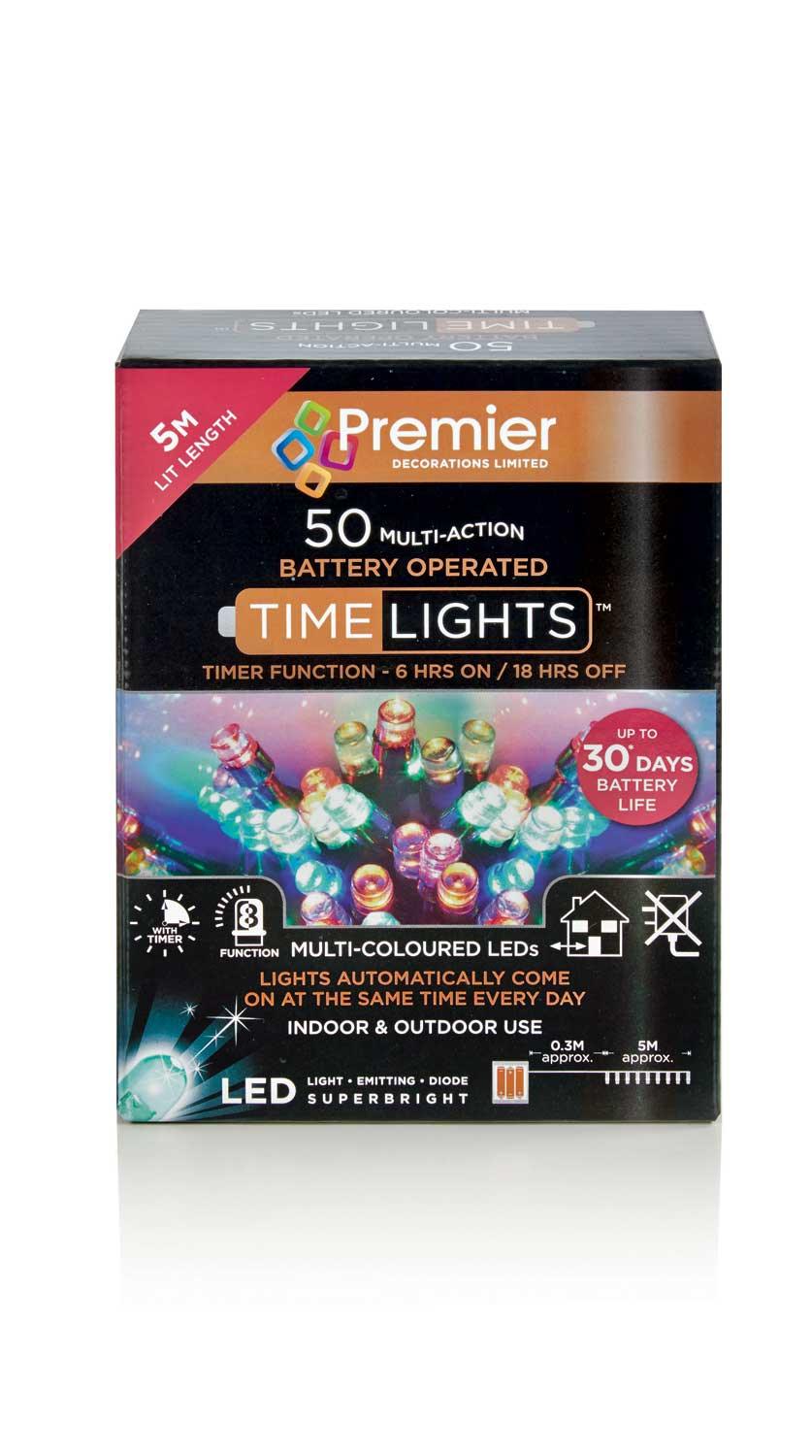 50 Multi Action Battery LED Multi-Coloured Christmas Lights - 5 Metre - Towsure
