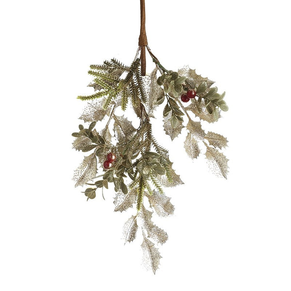 Xmas Snowy Leaf Red Berry Spray – Festive Foliage Decoration (40cm)