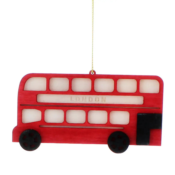 Festive 10cm Red London Bus Wooden Christmas Tree Decoration