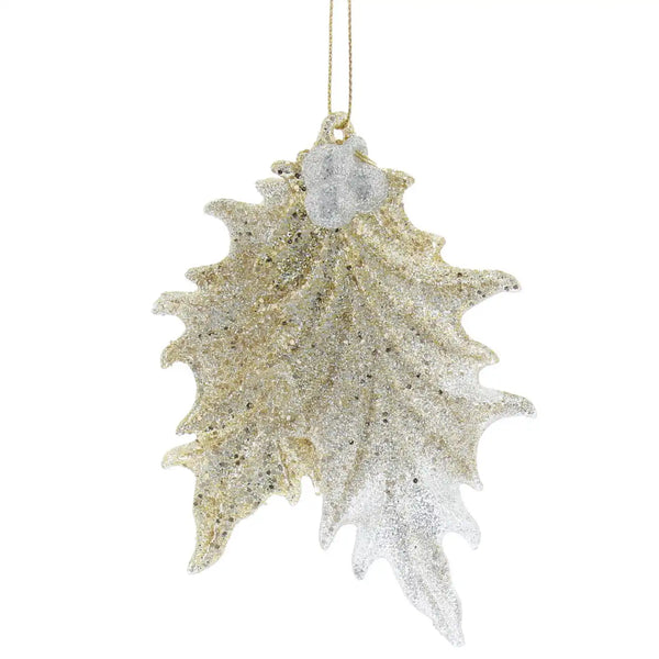 Festive 11cm Champagne & White Glitter Holly Decoration