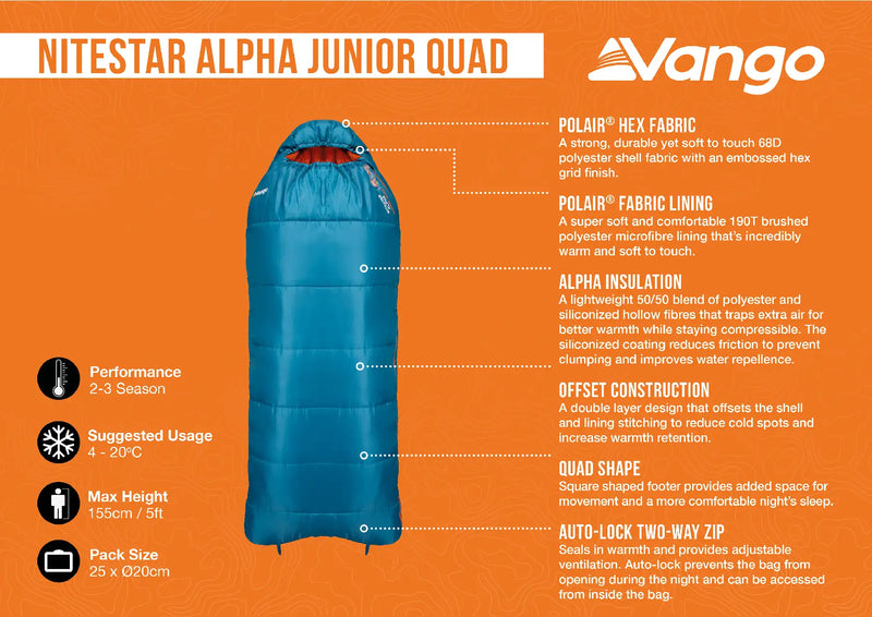 Infographic image showing the features of the Vango Nitestar Alpha Junior Quad sleeping bag