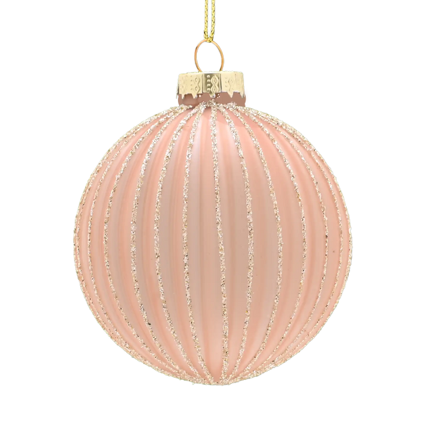 Festive 8cm Translucent Amber Glass Bauble with Glitter Lines