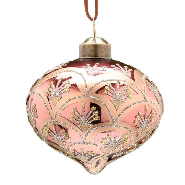 Festive 8cm Deep Pink & Gold Swags Glass Onion Christmas Bauble