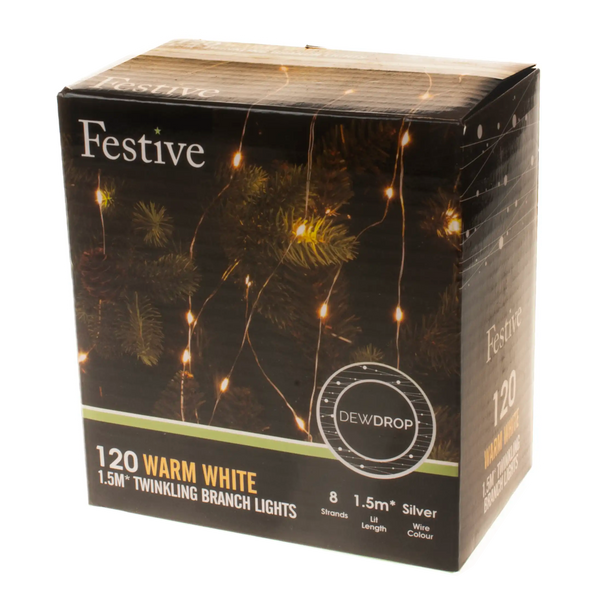 Festive 120 Warm White Christmas Twinkling Dewdrop Branch Lights - 1.5 Metres