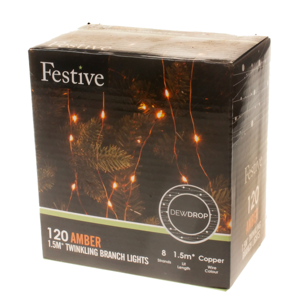 Festive 120 Amber Christmas Twinkling Dewdrop Branch Lights - 1.5 Metres