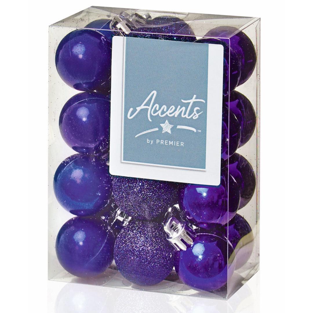 Accents 24 Multi Finish Christmas Baubles 30mm - Purple - Towsure