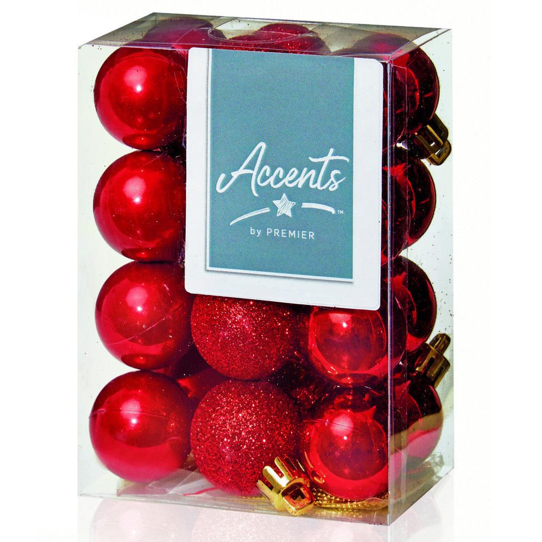 Accents 24 Multi Finish Christmas Baubles 30mm - Red - Towsure
