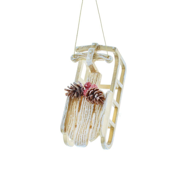 Festive 11cm Sleigh with Cone Decoration - White Wash/Gold - Towsure