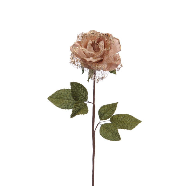 Festive 60cm Rose Stem and Leaves - Champagne/Gold - Towsure