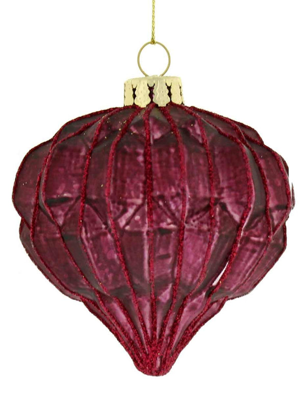 Festive Deep Red Geometric Glass Christmas Onion Bauble - 100mm - Towsure