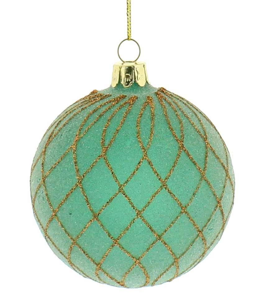 Festive Green/Gold Criss-Cross Christmas Bauble - 80mm - Towsure