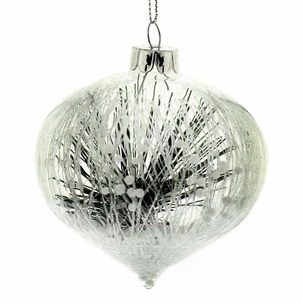 Festive Silver Glass Crackle Onion Christmas Bauble - 80mm - Towsure