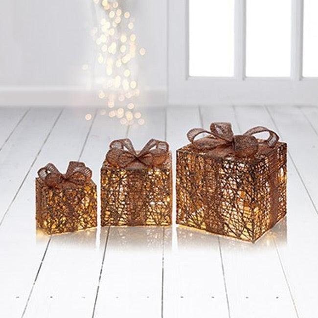 LED Twinkling Rose Gold Christmas Parcels - Warm White - Towsure