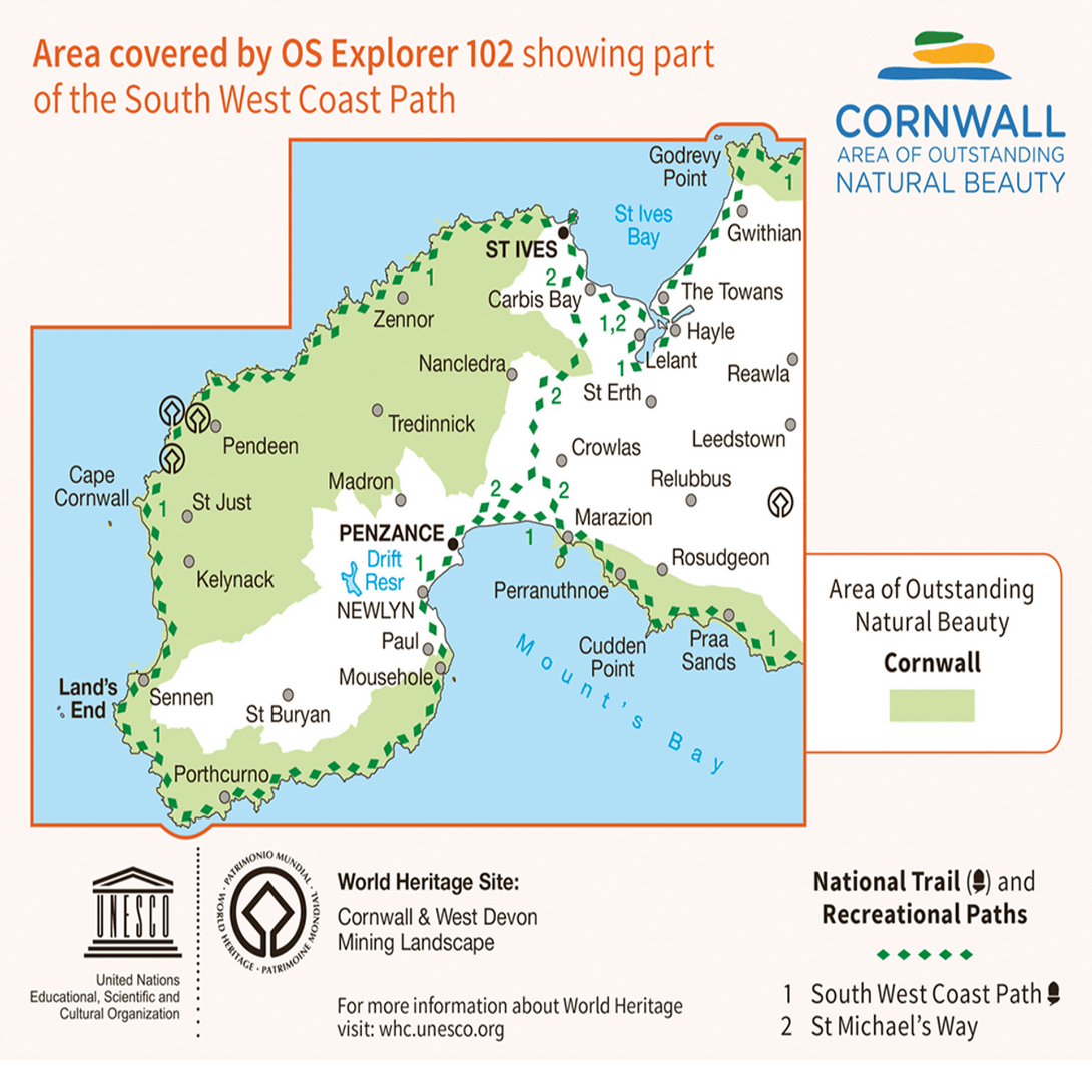 OS Explorer Map 102 - Lands End Penzance & St Ives - Towsure