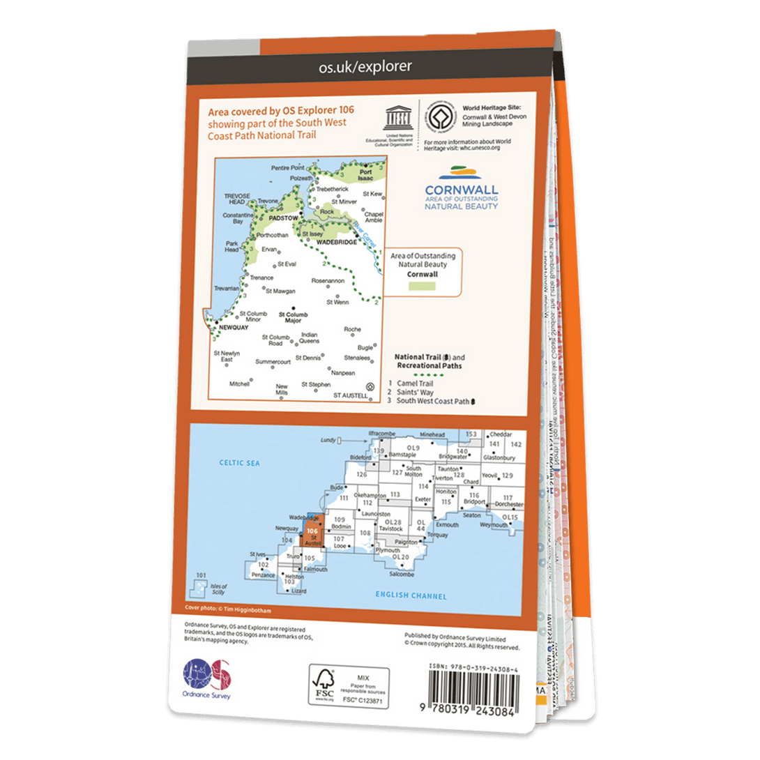 OS Explorer Map 106 - Newquay & Padstow Wadebridge Port Isaac & St Columb Major - Towsure