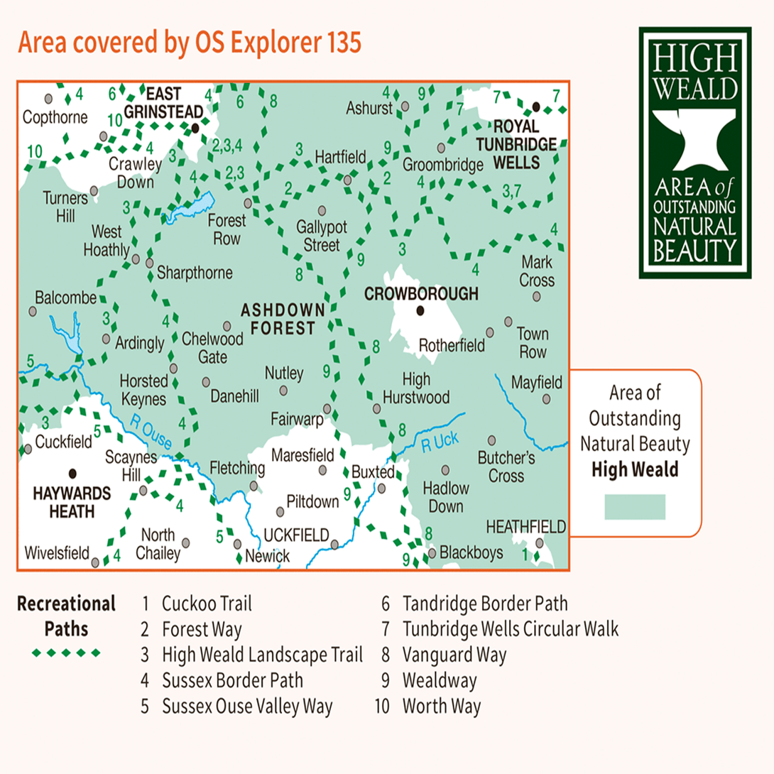 OS Explorer Map 135 - Ashdown Forest Royal Tunbridge Wells East Grinstead Haywards Heath & Crowborough - Towsure