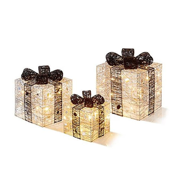 Premier Decorations 3 Piece Parcels with LEDs - Silver and Black - Towsure