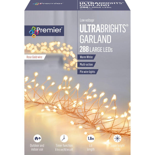 Premier Decorations Ultrabrights 288 LED Garland with Timer - Warm White - Towsure