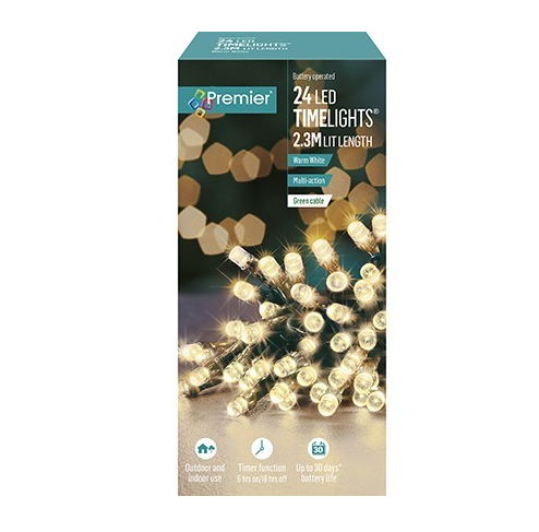 24 Multi Action Battery Operated Warm White LED Christmas Lights - 2.3 Metre