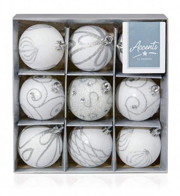 9 x 60mm White Decorated Baubles