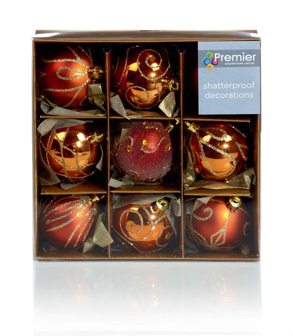 Shatterproof Copper Decorated Christmas Baubles 60mm - Pack of 9 - Towsure