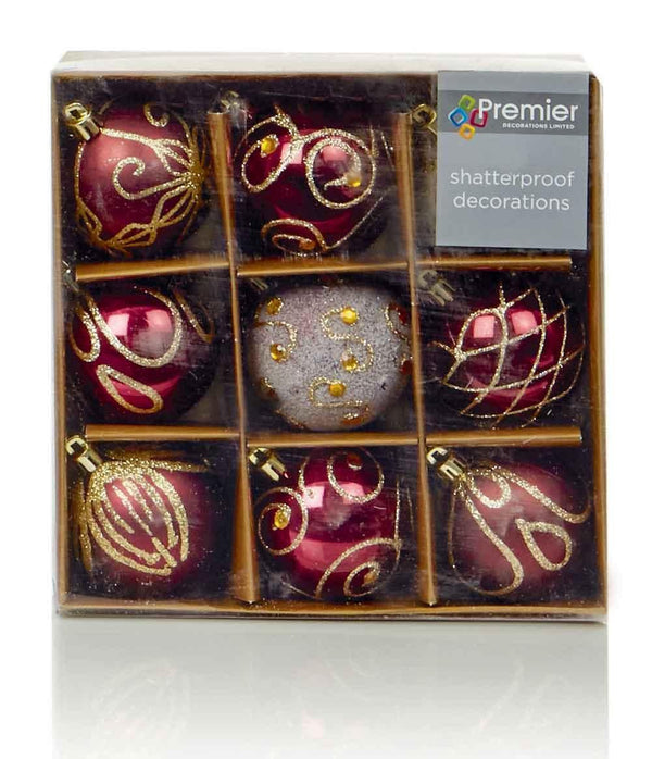 Shatterproof Cranberry Decorated Christmas Baubles 60mm - Pack of 9 - Towsure