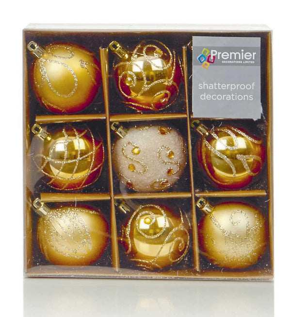 Shatterproof Gold Christmas Baubles 60mm - Pack of 9 - Towsure