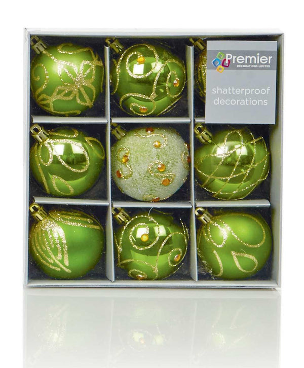Shatterproof Green Christmas Baubles 60mm - Pack of 9 - Towsure