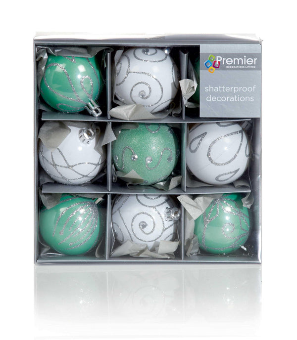 Shatterproof Green/White Christmas Baubles 60mm - Pack of 9 - Towsure