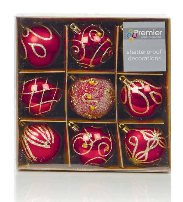 Shatterproof Red Christmas Baubles 60mm - Pack of 9 - Towsure