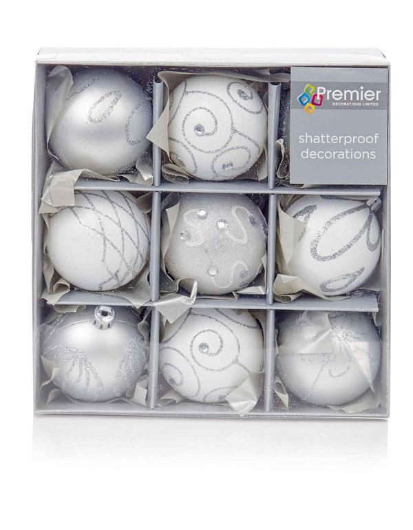 Shatterproof Silver Decorated Christmas Baubles 60mm - Pack of 9 - Towsure