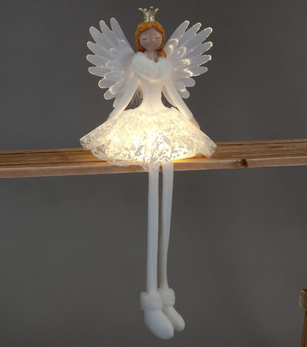 Snowtime 54cm Sitting Angel with Dangling Legs -White/Gold - Towsure