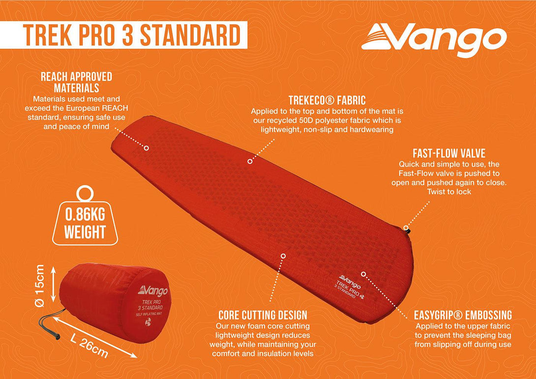 Vango Trek Pro 3 Standard Self-Inflating Sleeping Mat - Towsure